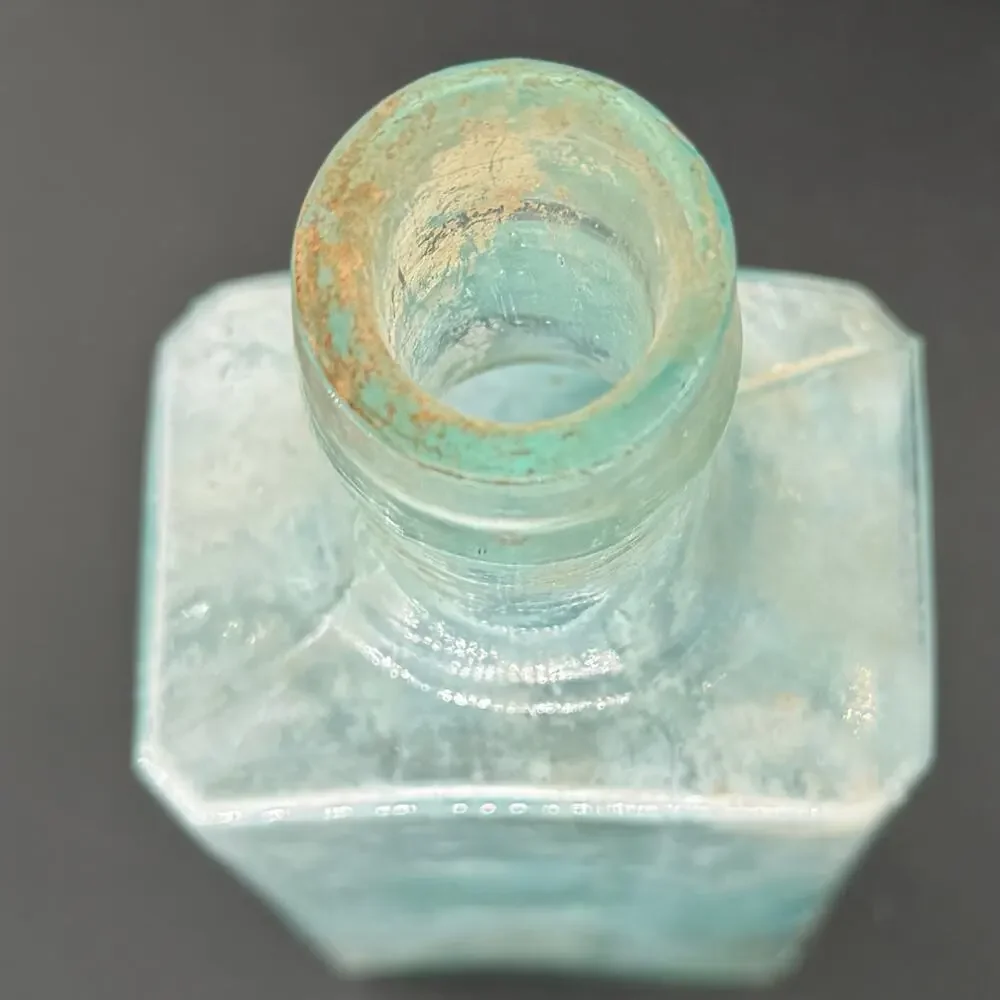 Antique Scott's Emulsion Cod Liver Oil LIme Soda Aqua Blue Glass Bottle Embossed